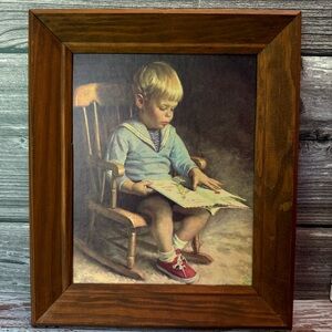 Vintage James Ingwersen Art Print Little Boy Reading Wood Frame